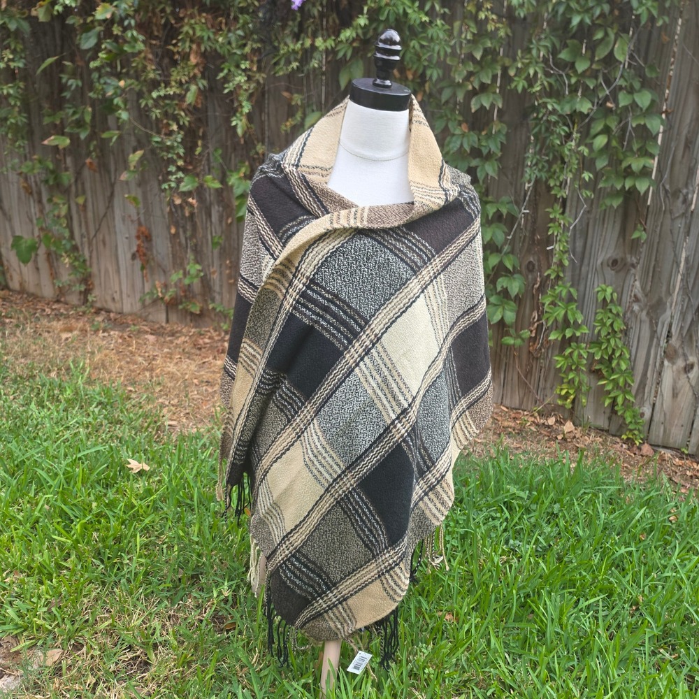 Opportunities Soft Taylor Plaid Fringe Shawl Wrap Scarf Black Tan 66256-F